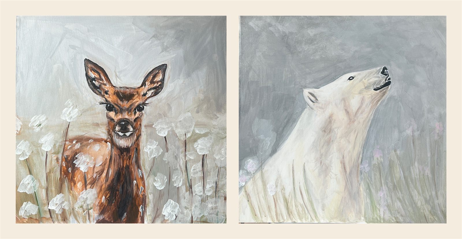 Díptico Ciervo y Oso Polar — las dos obras presentadas en pareja sobre fondo crema