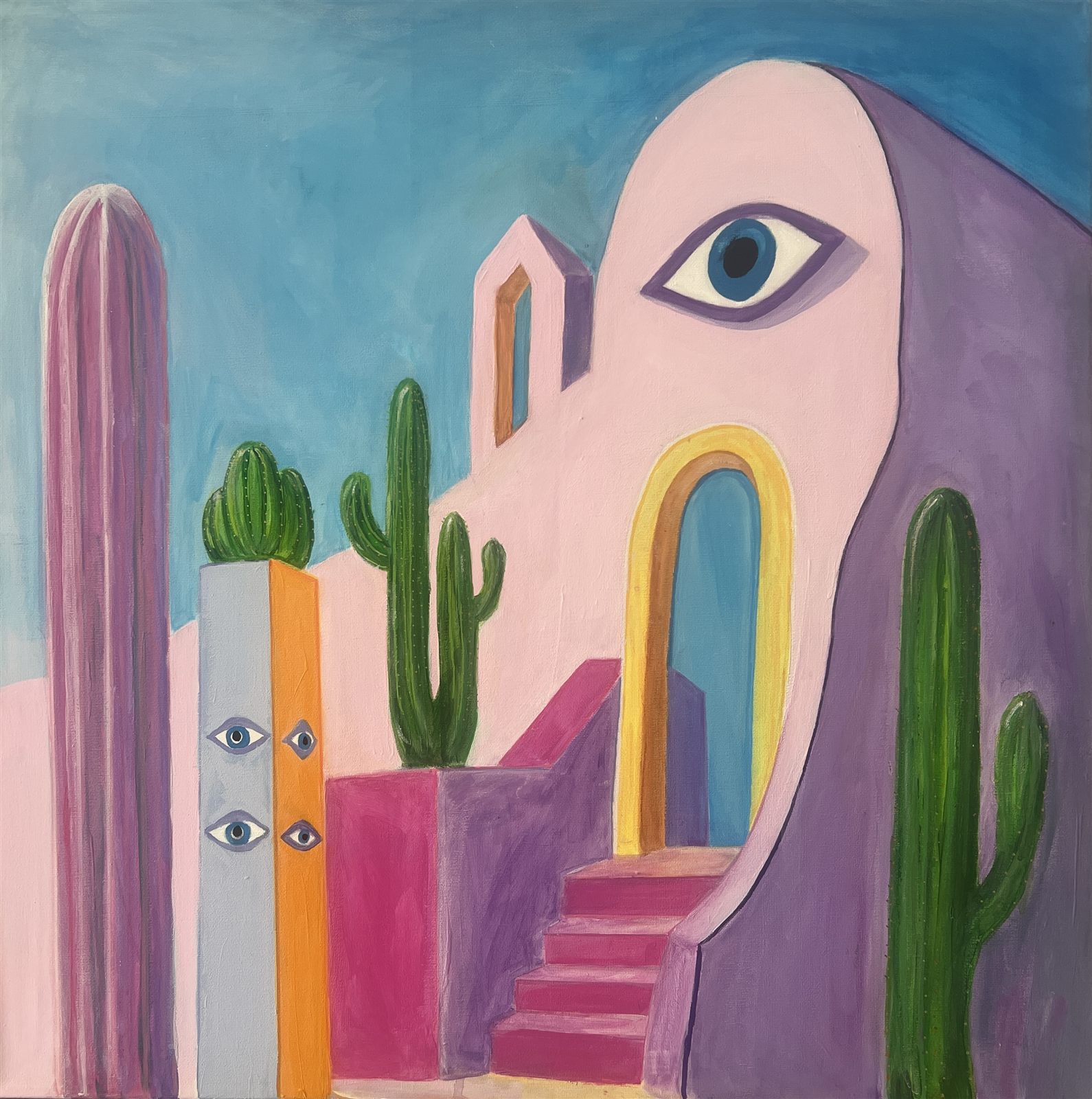 Templo de los ojos — escalera magenta hacia un arco dorado con un ojo azul en la fachada