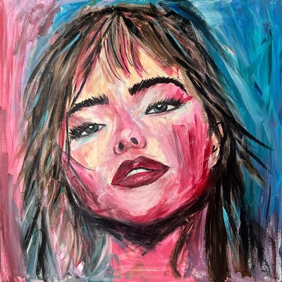 Retrato frontal de mujer en rosas intensos y turquesas con pincelada expresiva