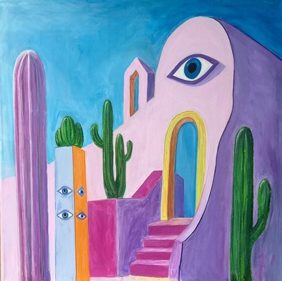 Escalera magenta que asciende hacia un arco dorado con un ojo azul en la fachada
