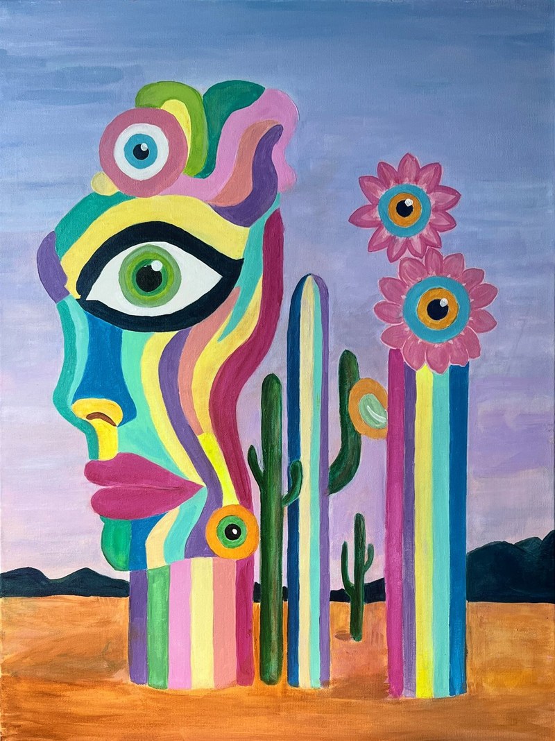 Rostro fragmentado en bandas de color con un gran ojo verde, cactus y flores bajo un cielo malva