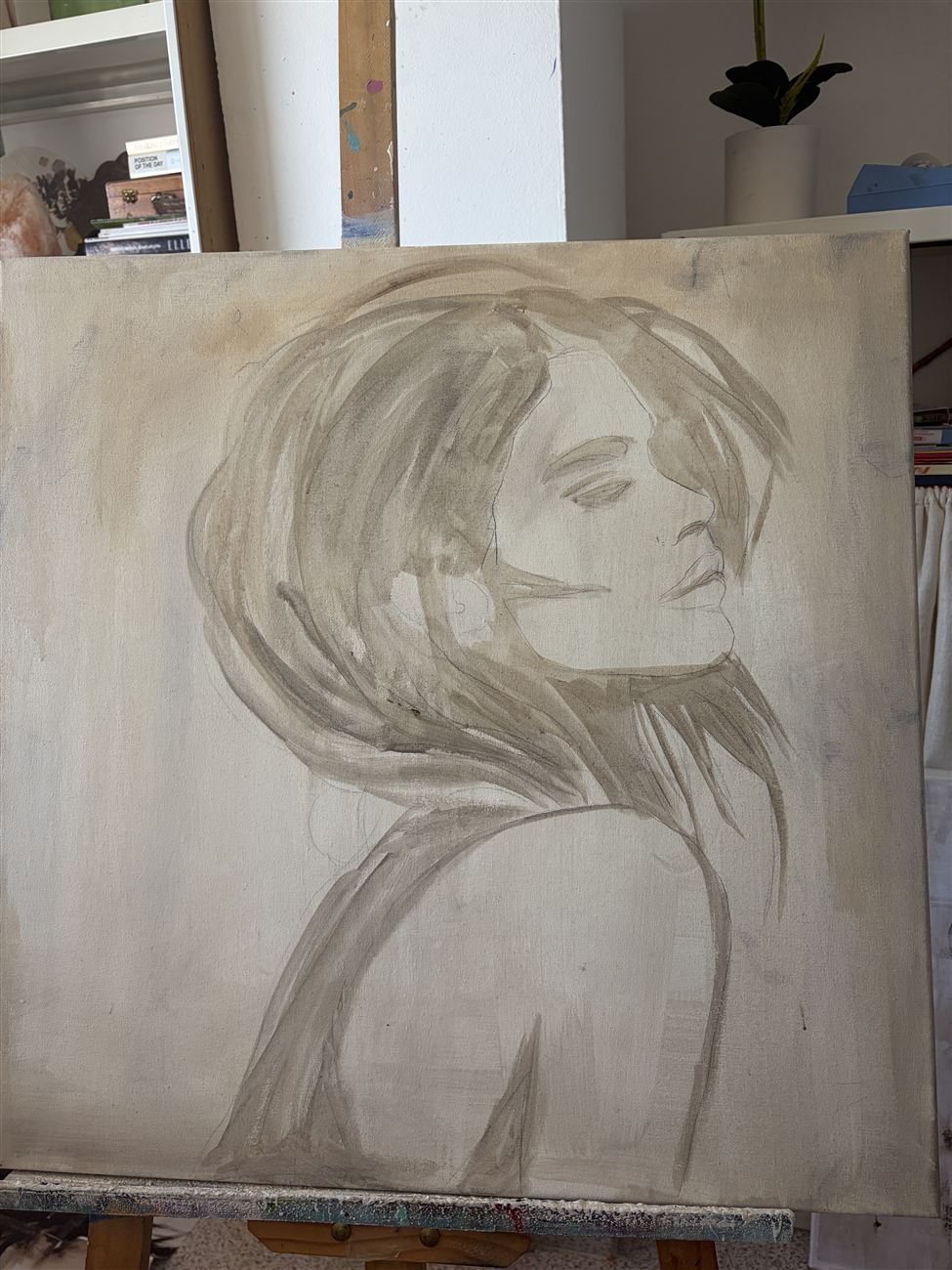 Retrato de mujer — base monocroma en sepia sobre el lienzo