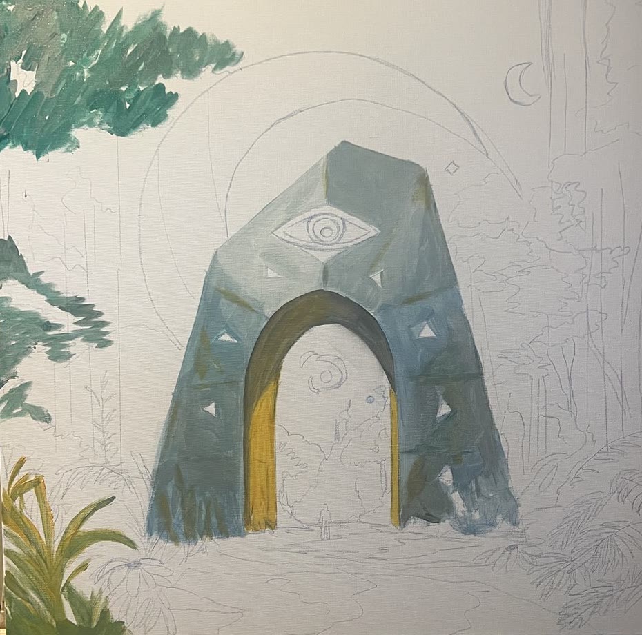 Paso 1 — dibujo a lápiz de la escena y el portal empezando a tomar cuerpo en gris azulado