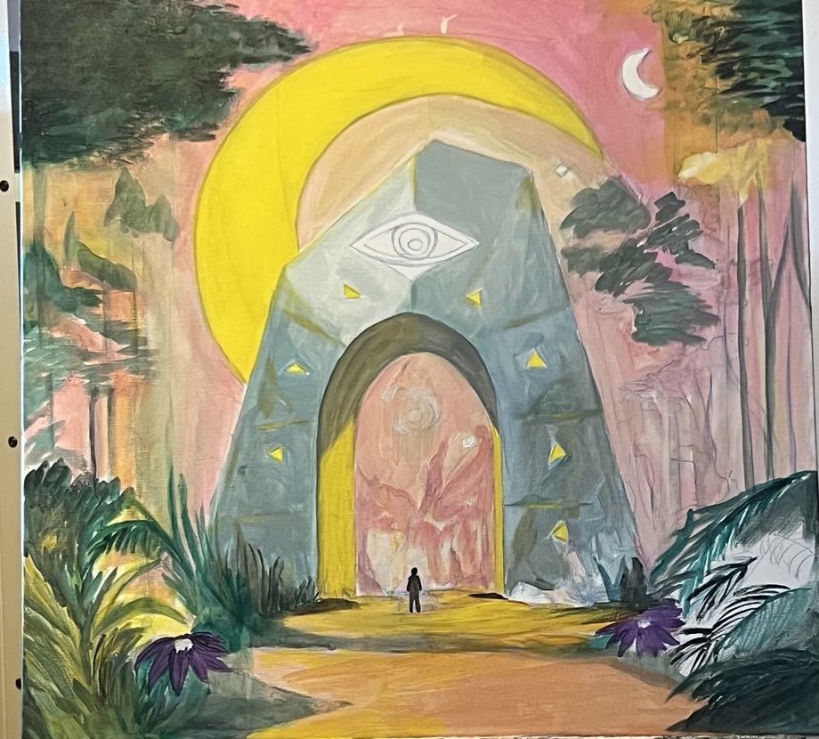 Paso 2 — el cielo, la luna, el sol, el camino y la figura ya con color